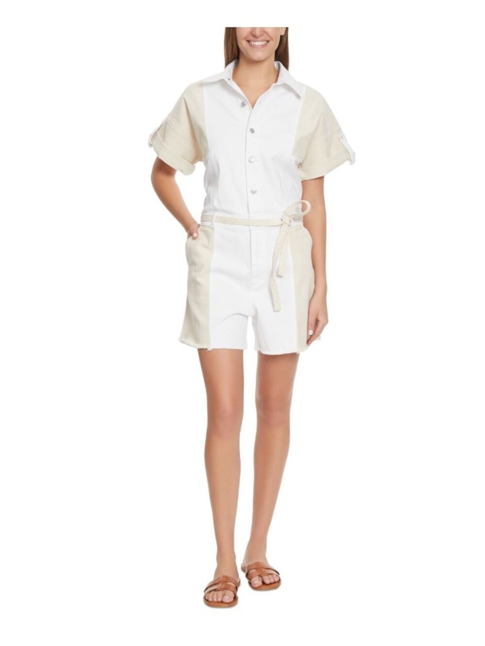 Gloria Vanderbilt Womens Colorblocked Short-Sleeve Romper White Size 8 NWT